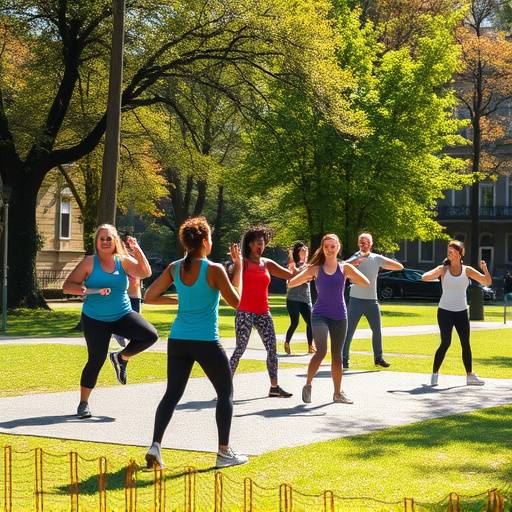 A diverse group of people exercising in a park, symbolizing preventative health measures.