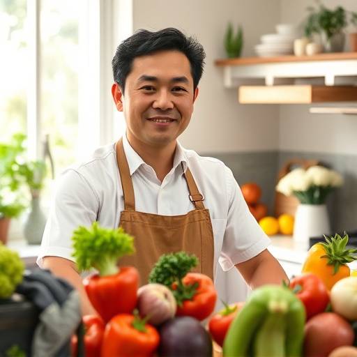 David Lee, Registered Dietitian, standing in a kitchen setting surrounded by fresh produce.