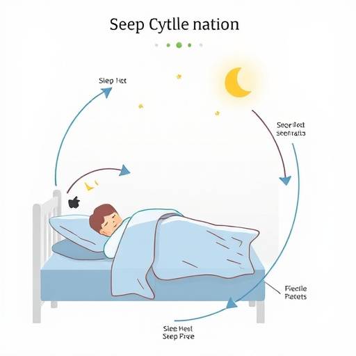 Illustration of a sleep cycle diagram, showing the different stages of sleep (NREM 1-3 and REM) over time.